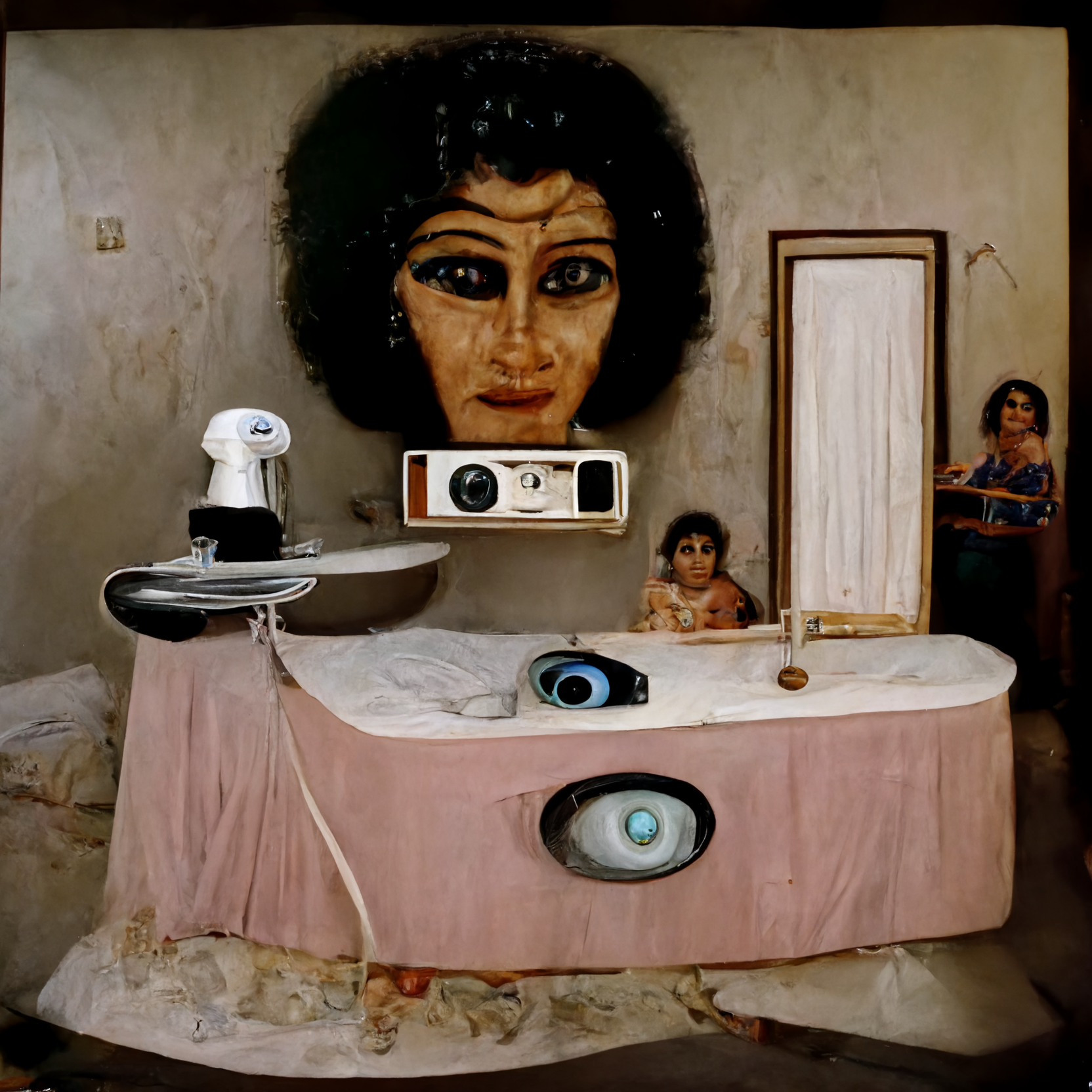 AI-generated image that resembles a bizarre home with clay walls and cameras and floating heads