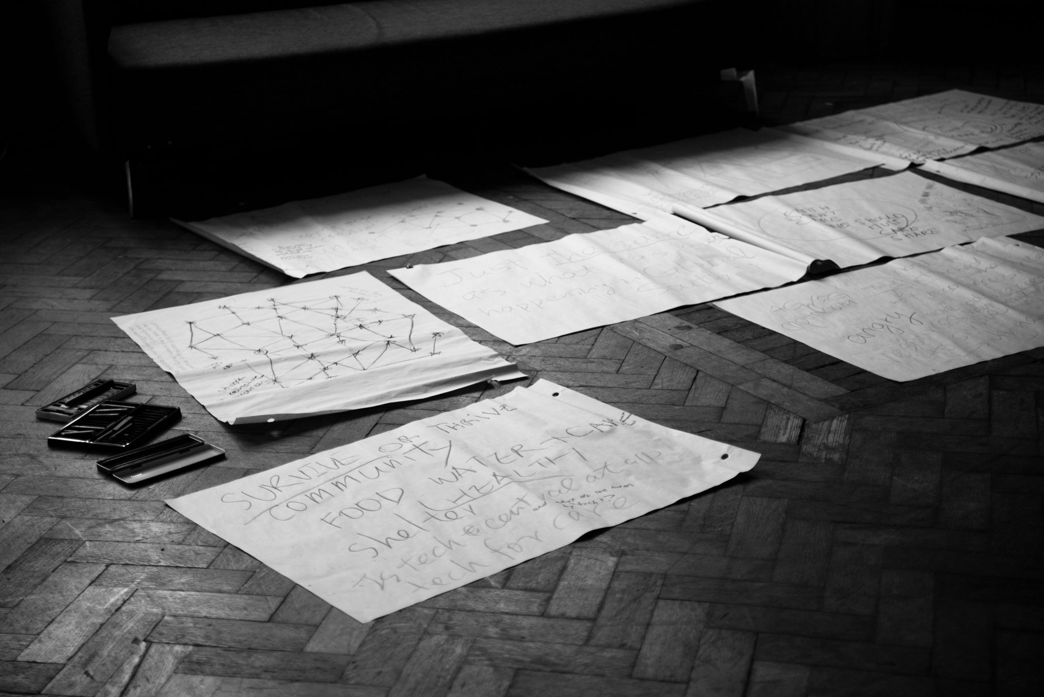 large pieces of paper on the floor of a space after a workshop