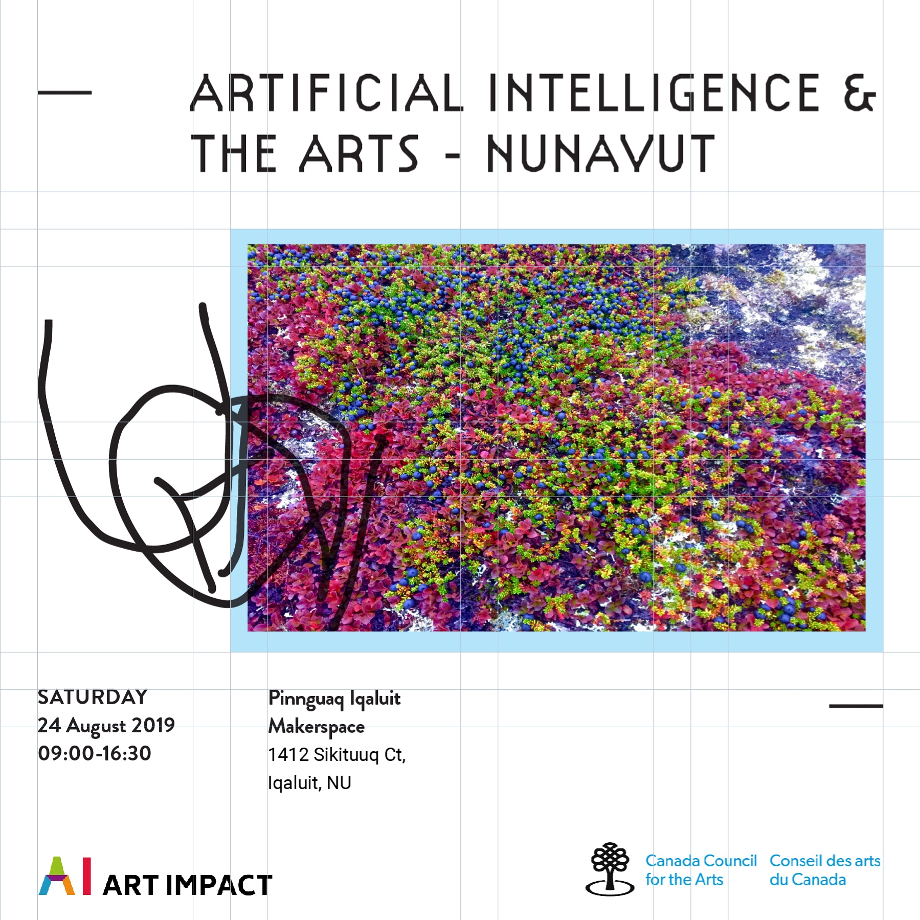Promotional square for a workshop on artificial intelligence and culture hosted in Iqaluit, Nunavut. A picture of brightly colored lichen dominates the image.