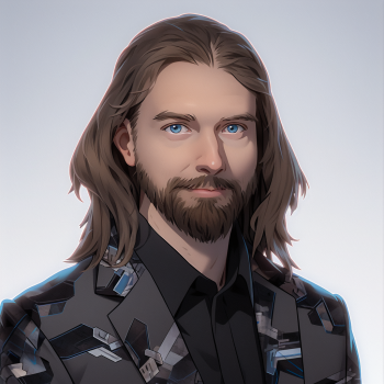 computer generated image of Michael F Bergmann, long brown hair, beard, and patterned jacket