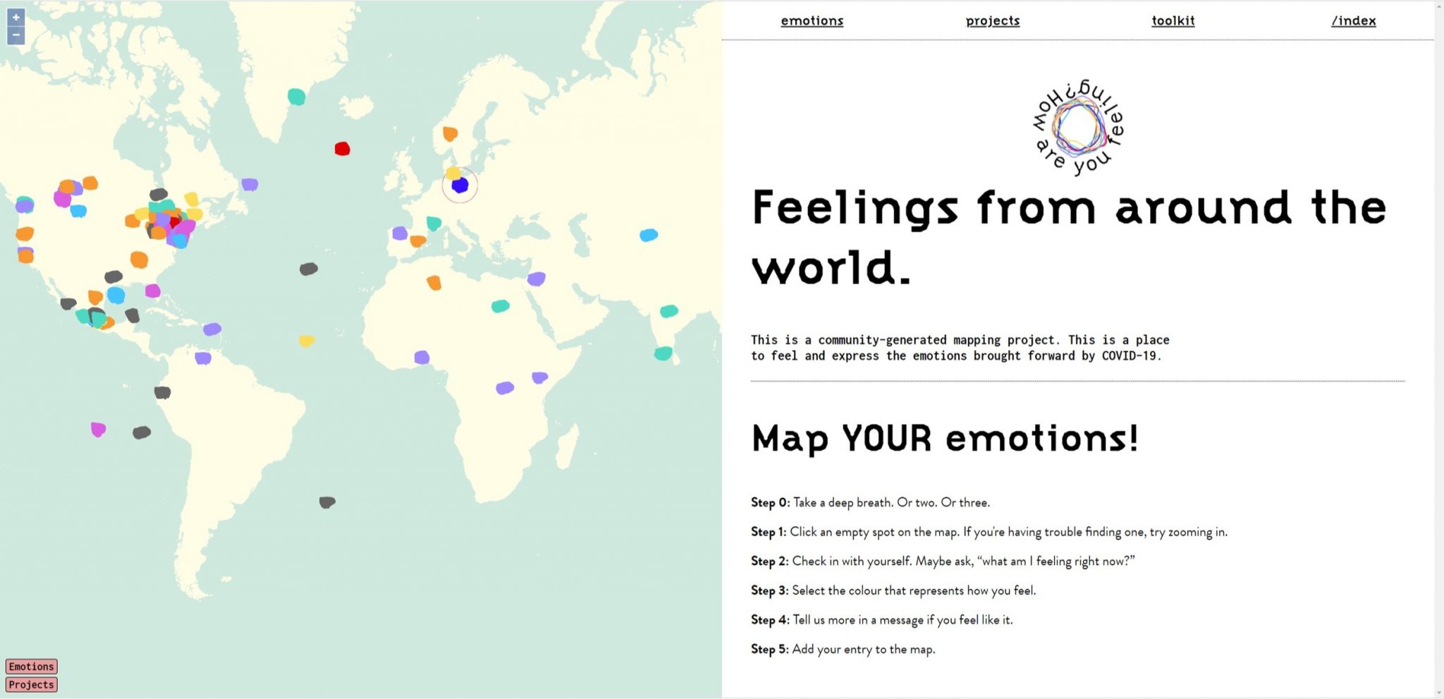 screenshot of the world map scattered with emotions shared by visitors to the site