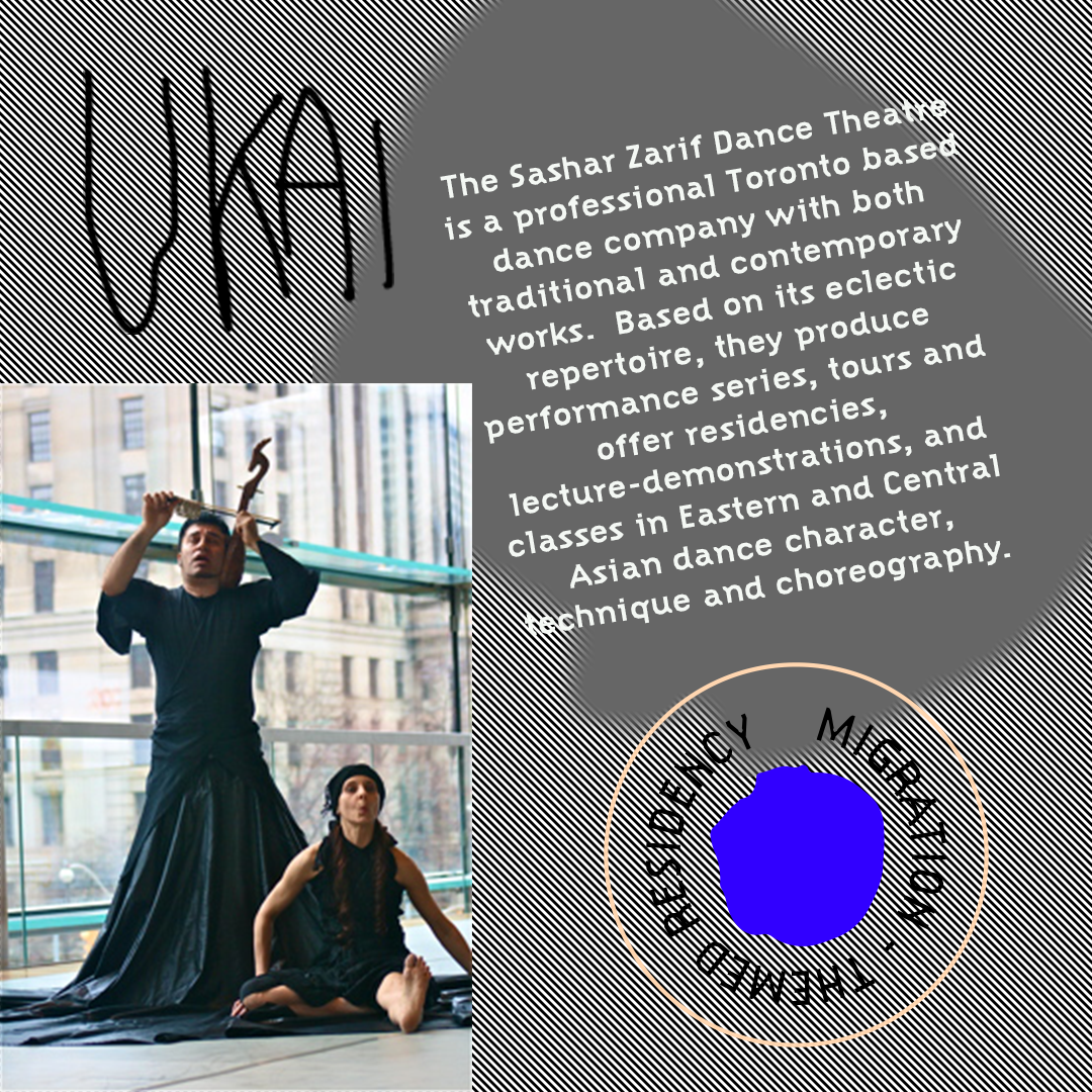 promotional square for Sashar Dance participation in Migration residency that features a dancer in a flowing black robe and woman sitting on the floor in pose